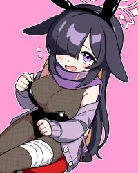 1girl animal_ears bandaged_leg bandages black_leotard blue_archive blush bodystocking breasts cardigan cleavage ears_down fake_animal_ears feet_out_of_frame fishnet_bodystocking fishnets flying_sweatdrops hair_over_one_eye halo highres jacket jorang_(jorang08) leotard looking_at_viewer medium_breasts ninja off_shoulder open_mouth outline pink_background playboy_bunny purple_eyes rabbit_ears scarf sitting sleeves_past_wrists solo sweatdrop tsukuyo_(blue_archive) white_outline