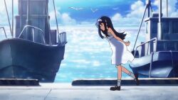 animated animated_gif anime_screenshot blue_eyes blue_hair child dress flat_chest futaba_aoi_(vividred_operation) harbor headband long_hair see-through_clothes see-through_dress see-through_silhouette sundress vividred_operation