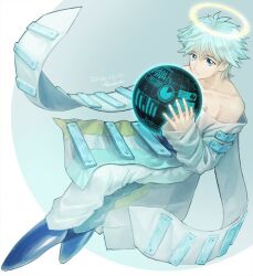 1boy bare_shoulders blue_eyes blue_footwear blue_hair bodysuit chart closed_mouth collarbone fon-due_(fonfon) fugen_shinjin glowing glowing_halo graph hair_between_eyes halo holding houshin_engi long_hair long_sleeves looking_at_viewer loose_clothes male_focus pie_chart short_hair sleeves_past_wrists solo strap traditional_halo white_bodysuit