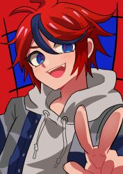 1boy absurdres ahoge blue_background blue_eyes blue_hair drawstring hair_between_eyes hand_up highres hood hoodie male_focus messy_hair multicolored_eyes multicolored_hair open_mouth red_background red_eyes red_hair simple_background solo solo_focus streaked_hair sumino_takumi teeth the_hundred_line_-last_defense_academy- tongue upper_teeth_only v white_hoodie