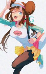1girl ;d blue_eyes breasts brown_hair commentary_request double_bun eyelashes hair_bun happy highres holding_strap leg_up long_hair nintendo one_eye_closed open_mouth pantyhose pink_bag pink_socks pokemon pokemon_bw2 raglan_sleeves rosa_(pokemon) shirt shoes shorts smile socks solo teeth tongue twintails twitter_username upper_teeth_only visor_cap watermark white_background woppero_prpr yellow_shorts