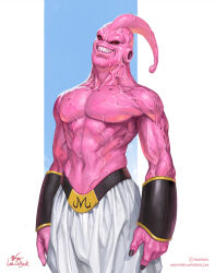 1boy black_nails black_sclera colored_sclera colored_skin dragon_ball dragonball_z evil_grin evil_smile grin highres in-hyuk_lee looking_at_viewer majin_buu male_focus muscular muscular_male navel pants pink_skin red_eyes smile solo super_buu veins veiny_arms veiny_neck veiny_pectorals white_pants
