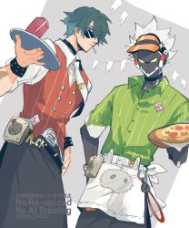 2boys apron artist_name belt belt_buckle billy_kid black_choker blue_eyes blue_hair bracelet buckle buttons choker closed_mouth collared_shirt commentary cup cyborg food green_shirt grey_apron hair_over_one_eye hally hand_on_own_hip hand_up holding holding_tray jewelry lighter_(zenless_zone_zero) lollipop_in_mouth looking_at_viewer male_focus multiple_boys necktie one_eye_covered orange_visor parted_bangs pinstripe_pattern pinstripe_shirt pinstripe_vest pizza red_vest shirt short_hair short_sleeves spiked_hair standing string_of_flags studded_bracelet sunglasses symbol-only_commentary tray twitter_username vest visor_cap waist_apron watermark white_apron white_belt white_hair white_necktie white_shirt wing_collar yellow_eyes zenless_zone_zero