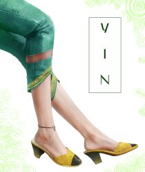 1girl absurdres ankle_strap character_name commentary english_commentary feet gold_trim green_pants high_heels highres leg_focus making-of_available mole mole_on_foot mole_on_leg original pants shoes solo spindle_(aidenr0) white_background yellow_shoes