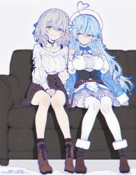 2girls ahoge blue_hair boots braid breasts colored_tips couch elf flower green_eyes grey_hair hair_flower hair_ornament hat heart heart_ahoge hololive hololive_fantasy large_breasts multicolored_hair multiple_girls nekonui pointy_ears shirogane_noel shirogane_noel_(casual) sitting snowflake_choker snowflake_pendant snowflake_print streaked_hair virtual_youtuber yellow_eyes yukihana_lamy