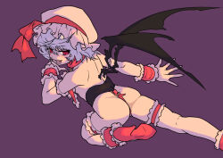 Rule 34 | 1girl, ass, bat wings, fangs, flying, grey hair, hat, looking at viewer, looking back, mersoleil03, mob cap, red eyes, remilia scarlet, revealing clothes, short hair, sketch, solo, thighhighs, touhou, touhou tag dream, vampire, wings, wrestling outfit