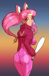 1girl aged_up animal_print ass baseball_bat bishoujo_senshi_sailor_moon bodysuit breasts chewing_gum chibi_usa cropped_jacket jacket large_breasts long_hair pink_hair rabbit_print scorpdk twintails