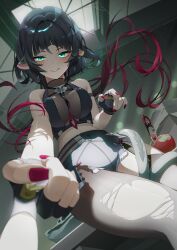 Rule 34 | 1girl, absurdres, black gloves, black shorts, blunt bangs, breasts, ceiling, cowboy shot, fingerless gloves, fingernails, gloves, green eyes, green hair, high-waist shorts, highres, indoors, jane doe (zenless zone zero), jelmul, large breasts, long hair, looking at viewer, multicolored hair, nail polish, parted lips, red hair, red nails, shorts, sidelocks, sitting, smile, solo, thighs, two-tone hair, variant set, window, zenless zone zero