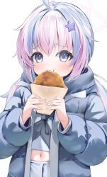 1girl ahoge blue_archive blue_hair blue_jacket blue_neckerchief blue_serafuku blue_skirt blush commentary eating fingernails food hair_ornament halo highres holding holding_food jacket korokkepan long_hair long_sleeves looking_at_viewer midriff multicolored_hair navel neckerchief open_clothes open_jacket padded_jacket pink_hair pink_halo pleated_skirt purple_eyes reisa_(blue_archive) school_uniform serafuku shuvi_(shuvi1125) simple_background skirt solo star_(symbol) star_hair_ornament stomach streaked_hair twintails two-tone_hair white_background