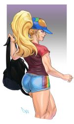1girl alternate_hairstyle ass backpack bag baseball_cap blonde_hair blue_eyes cropped_legs diepod female_focus from_behind hat highres lips long_hair ponytail rainbow_mika shirt short_shorts shorts solo street_fighter street_fighter_v t-shirt thighs toned toned_female very_long_hair
