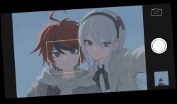 1boy 1girl ahoge black_hairband black_ribbon blue_eyes collared_shirt fake_phone_screenshot fake_screenshot grey_eyes hai_(haihki) hair_between_eyes hairband highres hood hoodie jacket kashimiya_karua long_hair looking_at_viewer mole mole_under_eye neck_ribbon red_hair ribbon selfie shirt short_hair smile sumino_takumi the_hundred_line_-last_defense_academy- white_hair white_shirt