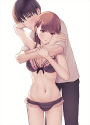 Rule 34 | 1boy, 1girl, arms around neck, blush, bra, breasts, brown bra, brown hair, brown panties, closed mouth, cowboy shot, crossed arms, earrings, edogawa roman, hetero, hug, hug from behind, jewelry, lace, lace-trimmed bra, lace-trimmed panties, lace trim, lingerie, long hair, looking at viewer, medium breasts, navel, original, panties, purple eyes, red eyes, simple background, standing, stomach, underwear, underwear only, white background