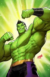1boy abs amadeus_cho_(marvel) bara biceps black_hair black_shorts clenched_hands colored_skin david_nakayama flexing gold_belt green_skin grin highres hulk looking_at_viewer male_focus marvel muscular muscular_male nipples purple_shorts short_hair shorts smile solo topless_male two-tone_shorts veins veiny_arms