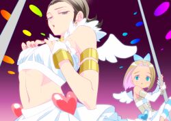 2boys androgynous angel_wings aqua_eyes armlet black_hair blue_bow blue_thighhighs bow bracelet bridal_gauntlets brown_hair commentary_request cosplay crop_top crossdressing crossover dragon_quest dragon_quest_xi earrings gold_armlet gradient_background grey_corset grey_eyes hair_bow half-closed_eyes heart hero_(dq11) horizontal-striped_thighhighs jewelry katori_(katokichi) looking_at_viewer looking_down male_focus medium_hair multiple_boys nail_polish navel open_mouth panty_&amp;_stocking_with_garterbelt panty_(psg) panty_(psg)_(cosplay) parted_hair pink_background pink_nails pole scene_reference shirt skirt sleeveless sleeveless_shirt stocking_(psg) stocking_(psg)_(cosplay) striped_clothes striped_thighhighs stripper_pole stud_earrings sylvia_(dq11) thighhighs white_bridal_gauntlets white_shirt white_skirt white_thighhighs white_wings wings