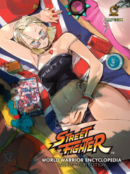 Rule 34 | bare shoulders, bikini, black bikini, black choker, blonde hair, blue eyes, bracelet, cammy white, choker, han juri, hat, highres, jewelry, kimberly jackson, phone, red hat, spiked bracelet, spikes, street fighter, street fighter 6, swimsuit, tank top, teeth, udon entertainment, union jack