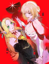2girls :d bare_shoulders black_dress black_hairband blonde_hair blush braid choker detached_sleeves dress dungeon_meshi earrings elf falin_touden falin_touden_(tallman) gapamopa green_eyes hairband half-closed_eyes highres holding_hands jewelry long_hair looking_at_another marcille_donato multiple_girls open_mouth pointy_ears red_background red_choker short_hair slit_pupils smile twin_braids white_dress yellow_eyes