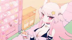 1girl animal animal_ears animated animated_gif annytf blush breasts bright_pupils cleavage fox fox_ears fox_girl hair_ornament highres indie_virtual_youtuber large_breasts long_hair looking_at_viewer lyn_mametchi outdoors pink_hair recycle_bin red_eyes smile solo star_(symbol) star_hair_ornament two_side_up upper_body vending_machine virtual_youtuber white_pupils wind