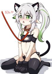 :o aged_down animal_ears bdsm black_panties black_thighhighs bra breasts cat_ears cat_girl cat_paws collar elf genshin_impact green_eyes grey_hair highres jua leash loli looking_at_another medium_hair multicolored_hair nahida_(genshin_impact) navel on_floor open_mouth panties pet_play pointy_ears simple_background sitting slave small_breasts thighhighs underwear underwear_only white_background white_hair