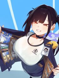 Rule 34 | 1girl, absurdres, black hair, blue jacket, blue skirt, breasts, from above, goddess of victory: nikke, grin, highres, holypotato0, id card, jacket, large breasts, long hair, looking at viewer, mole, mole under eye, open clothes, open jacket, opened by self, orange eyes, shirt, skirt, smile, solo, sora (nikke), standing, white shirt