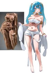 1girl ancient_egyptian_clothes aqua_eyes armlet bandeau bangle barefoot blue_hair blue_nails bracelet breasts dot_nose earrings full_body gold_armlet gold_earrings hair_ornament highres jewelry large_breasts logknn long_hair makeup nail_polish navel original parted_lips photo_inset reference_inset simple_background solo standing toenail_polish toenails twintails white_background white_bandeau yakshi_statue_(meme)