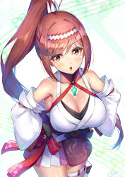 1girl :o bare_shoulders black_gloves breasts brown_eyes brown_hair chest_jewel cleavage feet_out_of_frame fingerless_gloves frilled_skirt frills glimmer_(xenoblade) gloves hair_between_eyes high_ponytail highres large_breasts long_hair long_sleeves looking_at_viewer novady ponytail purple_skirt simple_background skirt solo standing very_long_hair white_background wide_sleeves xenoblade_chronicles_(series) xenoblade_chronicles_3