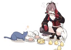 1girl ahoge animal asymmetrical_footwear azur_lane baby_animal belt bird black_shorts boots bow breasts brown_hair cat chick choker cleavage collarbone corset cross-laced_clothes eating fish food full_body gloves hair_between_eyes half_gloves hatski.sin high_ponytail highres holding jacket jean_bart_(azur_lane) long_hair long_sleeves manjuu_(azur_lane) medium_breasts midriff o-ring o-ring_choker plate ponytail red_gloves shadow shoes short_shorts shorts sidelocks simple_background single_thighhigh sleeve_cuffs sparkle squatting striped_clothes striped_thighhighs thighhighs thighs vertical-striped_clothes vertical-striped_thighhighs white_background