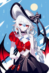 1girl artist_name black_choker black_skirt choker collarbone earrings hat highres jewelry long_braid long_hair looking_at_viewer navel original red_eyes red_shirt sheya shirt signature single-shoulder_shirt single_bare_shoulder skirt solo upper_body very_long_hair white_hair white_hat wings