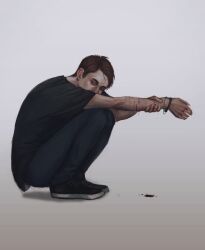 1boy bags_under_eyes bleeding blood blood_drip blood_on_ground bracelet brown_eyes brown_hair cellar_art covering_own_mouth full_body hand_on_own_wrist highres jewelry looking_at_viewer male_focus multiple_scars original scar scar_on_arm self-harm short_hair solo squatting white_background wrist_cutting