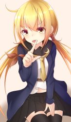 &gt;:d 10s 1girl :d ahoge bad_id bad_pixiv_id beige_background black_skirt black_thighhighs blazer blonde_hair blue_jacket collarbone cowboy_shot crescent doyachii eyelashes female_focus hair_between_eyes hair_tubes hand_on_lap index_finger_raised jacket kantai_collection lap long_sleeves looking_at_viewer low_twintails necktie open_clothes open_jacket open_mouth pleated_skirt sailor_collar satsuki_(kancolle) satsuki_kai_ni_(kancolle) school_uniform serafuku shirt simple_background sitting skirt smile solo tareme thighhighs twintails v-shaped_eyebrows white_shirt yellow_eyes yellow_necktie zettai_ryouiki
