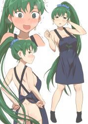 1girl apron ass black_apron black_socks blush earrings fire_emblem fire_emblem:_the_blazing_blade green_eyes green_hair hair_ornament hair_scrunchie high_ponytail jewelry kuhuku006f86 long_hair lyn_(fire_emblem) multiple_views naked_apron nintendo ponytail scrunchie simple_background socks white_background