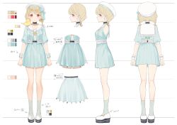 1girl absurdres animal animal_on_shoulder bird bird_on_shoulder blonde_hair blue_skirt blue_socks braid buttons choker collarbone cropped_head double-breasted from_behind from_side full_body hat highres kinako_(shiratama_mochi) kogara_toto kogara_toto_(1st_costume) layered_skirt lupinus_virtual_games mary_janes official_art parted_bangs platform_shoes pleated_skirt profile puffy_short_sleeves puffy_sleeves red_eyes reference_sheet sailor_collar sailor_hat sailor_shirt second-party_source see-through_skirt_layer shirt shoes short_sleeves simple_background skirt socks solo twin_braids variations virtual_youtuber vspo! white_background white_hat white_shoes wrist_cuffs yellow_bird