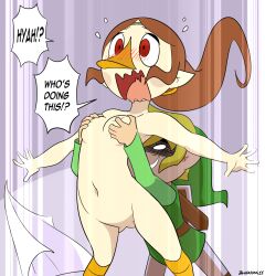 1boy 1girl after_bathing beak belt blonde_hair blush boots breasts brown_belt brown_boots brown_hair dangerking11 flying_sweatdrops grabbing_another&#039;s_breast green_hat green_tunic grey_background grin groping hat headband hetero link loli long_hair medli navel nintendo no_pussy nude open_mouth orange_boots pointy_ears ponytail red_eyes rito screaming sheath shield short_hair small_breasts smile speech_bubble standing surprised teeth the_legend_of_zelda the_legend_of_zelda:_the_wind_waker toon_link towel tunic