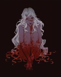 Rule 34 | 1boy, baldur&#039;s gate, baldur&#039;s gate 3, black background, blood, blood on face, blood on hands, colored skin, completely nude, curly hair, dark elf, dungeons & dragons, dungeons &amp; dragons, elf, full body, highres, long hair, looking at viewer, male focus, nude, pointy ears, purple skin, red eyes, solo, trap, vellioth, viol vrt, white hair