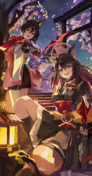 1569847238 2girls absurdres animal_ear_fluff animal_ears black_gloves black_hair black_kimono black_sailor_collar black_skirt blue_archive blush bow fingerless_gloves floral_print floral_print_kimono fox_ears fox_girl fox_tail gloves hair_between_eyes hair_ornament highres izuna_(blue_archive) japanese_clothes kimono long_hair looking_at_viewer multiple_girls open_mouth partially_fingerless_gloves pink_kimono pom_pom_(clothes) pom_pom_hair_ornament print_kimono purple_sash red_bow sailor_collar sash shirt sidelocks skirt tail teeth upper_teeth_only wakamo_(blue_archive) white_shirt yellow_eyes yellow_sash