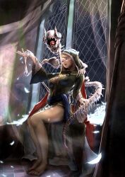 1girl 1other absurdres ala-sys121 bare_legs black_hood black_robe black_veil blonde_hair blue_sash bone character_request full_body highres hood horns indoors long_sleeves mouth_veil one-eyed open_mouth robe sash sharp_teeth sitting skull teeth upper_teeth_only veil wide_sleeves window wizardry wizardry_variants_daphne