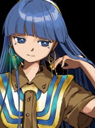 Rule 34 | 1girl, black background, blue eyes, blue hair, brown shirt, buttons, capelet, closed mouth, collared shirt, earrings, facial mark, gold hairband, hairband, hand up, highres, hime cut, jewelry, kaigen 1025, key earrings, long hair, looking afar, michigami nareko, shirt, short sleeves, simple background, single sidelock, solo, striped capelet, tan, touhou, triangle, triangle facial mark, twitter username, upper body, yellow capelet