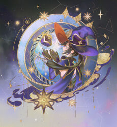 1girl black_gloves black_hair blue_eyes cape coin coin_purse constellation cupping_hands detached_sleeves earrings floating_hair from_behind genshin_impact gloves gold_coin hands_up hat highres jewelry leotard long_hair looking_at_object mona_(genshin_impact) own_hands_together purple_cape purple_hat purple_leotard purple_sleeves renyu1012 sidelocks solo star_(symbol) star_earrings twintails upper_body witch_hat