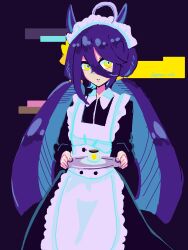 1girl absurdres animal_ears apron black_dress black_hair closed_mouth collared_shirt contrast_collar cup dress expressionless frilled_apron frills hair_between_eyes hair_ribbon hands_up highres holding holding_tray horse_ears horse_girl long_hair long_hair_between_eyes low_twintails maid_headdress manhattan_cafe_(umamusume) plaid_clothes ribbon shirt solo tray twintails uma_41se umamusume very_long_hair white_apron yellow_eyes yellow_ribbon
