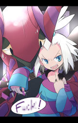 1girl blue_eyes censored censored_gesture censored_text freckles gen_5_pokemon guitar hair_bobbles hair_ornament highres holding holding_guitar holding_instrument holding_plectrum instrument nintendo open_mouth plectrum pokemon pokemon_(creature) pokemon_bw2 profanity rascal_(feuille) roxie_(pokemon) scolipede shirt short_hair sleeves_past_wrists striped_clothes striped_shirt tongue tongue_out topknot