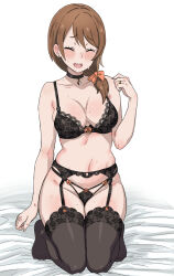 1girl black_bra black_choker black_panties black_thighhighs blush bow bra breasts brown_hair choker closed_eyes commentary_request cutiemachina earrings garter_belt garter_straps hair_bow hair_over_shoulder heart highres jewelry kneeling lace lace-trimmed_bra lace-trimmed_panties lace-trimmed_thighhighs lace_trim lingerie mature_female medium_breasts medium_hair mole mole_on_breast mole_on_leg mole_on_neck natsuki_naoko natsuki_subaru navel panties pink_background re:zero_kara_hajimeru_isekai_seikatsu ring shirt solo sparkle stud_earrings sweat sweatdrop thighhighs underwear wedding_ring