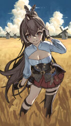 Rule 34 | 1girl, black gloves, black thighhighs, blue sky, breasts, brown corset, brown eyes, brown hair, brown skirt, cleavage, closed mouth, cloud, corset, dagger, day, feather hair ornament, feathers, gloves, hair ornament, highres, hololive, hololive english, knife, lantern, long hair, looking at viewer, medium breasts, nanashi mumei, nanashi mumei (1st costume), outdoors, partially fingerless gloves, ponytail, shirt, single thighhigh, skirt, sky, smile, solo, sozoroame, standing, thighhighs, very long hair, virtual youtuber, weapon, wheat field, white shirt, windmill