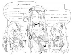 1boy 1girl 37_(reverse:1999) 6_(reverse:1999) :d :| ancient_greek_clothes bare_shoulders choker circlet closed_mouth daku_k expressionless greco-roman_clothes hand_on_own_chin highres holding holding_scroll index_finger_raised lineart long_hair looking_at_another looking_at_viewer open_mouth reverse:1999 scroll smile speech_bubble stroking_own_chin toga turning_head upper_body white_background