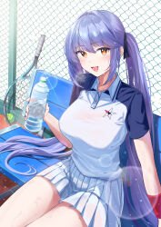 1girl absurdres alternate_costume azur_lane ball bench blue_hair blue_shirt blush bottle breasts buttons chain-link_fence collarbone commentary_request day essex_(azur_lane) fence fingernails hair_tie highres holding holding_bottle large_breasts lens_flare long_hair on_bench open_mouth outdoors pleated_skirt polo_shirt racket red_eyes rubisco shirt short_sleeves sitting skirt solo sparkle sportswear sweat tennis_ball tennis_racket tennis_skirt tennis_uniform thighs twintails two-tone_shirt very_long_hair water_bottle white_shirt white_skirt wristband