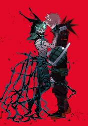 2boys arms_up bakugou_katsuki belt belt_pouch black_pants blonde_hair boku_no_hero_academia boots collared_shirt commentary fingernails full_body green_eyes green_hair hashtag-only_commentary highres homare04271 male_focus mask midoriya_izuku multiple_boys pants popped_collar pouch profile red_background red_eyes sharp_fingernails shirt standing superhero_costume tendrils_from_back topless_male