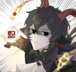 1boy animal_ears arknights ascot black_eyes black_hair black_jacket black_shirt black_suit collared_shirt commentary dice ebenholz_(arknights) empty_eyes english_commentary formal_clothes gameplay_mechanics goat_boy goat_ears goat_horns hair_between_eyes highres horns incoming_attack incoming_punch jacket lilacthia long_hair looking_at_viewer male_focus motion_lines pov punching shirt solo speed_lines suit suit_jacket white_ascot white_background
