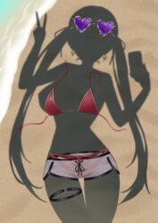 1girl absurdres beach bikini breasts dressed_shadow_(meme) earrings heart heart-shaped_eyewear highres holding holding_phone hololive houshou_marine jewelry kumoru_(kumoru_145) long_hair meme o-ring o-ring_thigh_strap phone purple-tinted_eyewear red_bikini shadow shorts sunglasses swimsuit thigh_strap tinted_eyewear twintails unworn_bikini unworn_shorts v virtual_youtuber water white_shorts