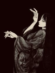 Rule 34 | 1girl, arm up, black background, highres, hime cut, japanese clothes, kimono, long hair, looking at viewer, oni, original, simple background, solo, tp p pt, very long hair