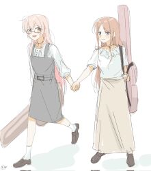 2girls bang_dream! bang_dream!_it&#039;s_mygo!!!!! blush brown_hair brown_skirt chihaya_anon commentary_request dress fang glasses grey_dress grey_eyes guitar_case haidao_mao highres holding_hands instrument_case long_hair multiple_girls nagasaki_soyo open_mouth parted_lips pinafore_dress pink_hair shirt sidelocks simple_background skirt sleeveless sleeveless_dress white_background white_shirt