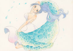 1girl absurdres blue_eyes blue_hair commentary_request dress floating_hair highres looking_back nefertari_vivi one_piece outstretched_arms painting_(medium) ponytail sidelocks smile solo strapless strapless_dress traditional_media twitter_username watercolor_(medium) white_dress yachiy0