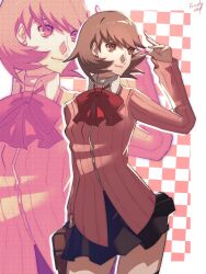 1girl artist_name bag black_skirt bow bowtie brown_bag brown_eyes brown_hair cardigan checkered_background choker closed_mouth collared_shirt commentary cowboy_shot earrings flipped_hair frosty_neo1 gekkoukan_high_school_uniform hand_up highres holding holding_bag jewelry lips long_sleeves looking_to_the_side miniskirt persona persona_3 pink_cardigan pink_lips pleated_skirt red_bow red_bowtie ribbed_cardigan school_bag school_uniform shirt short_hair skirt solo stud_earrings takeba_yukari white_choker white_shirt